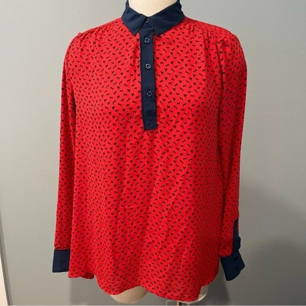 Free People Red & Blue Tiny Horse Print Oversize Top Blouse Size Small